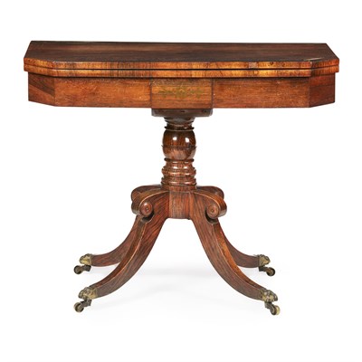 Lot 113 - REGENCY ROSEWOOD AND BRASS INLAID FOLDOVER CARD TABLE