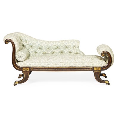 Lot 111 - REGENCY ROSEWOOD GRAIN PAINTED AND GILT DECORATED CHAISE LONGUE
