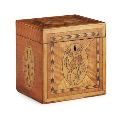 Lot 62 - GEORGE III SATINWOOD, FEATHER BANDED AND INLAID TEA CADDY