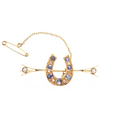 Lot 47 - A sapphire, diamond and pearl set brooch