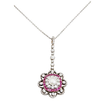 Lot 1 - A late 19th century diamond, ruby and pearl set pendant