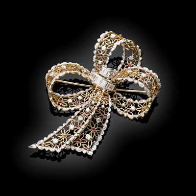 Lot 62 - A mid 20th century diamond and ruby set bow brooch