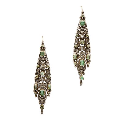 Lot 15 - A pair of silver, gold, emerald and diamond earrings