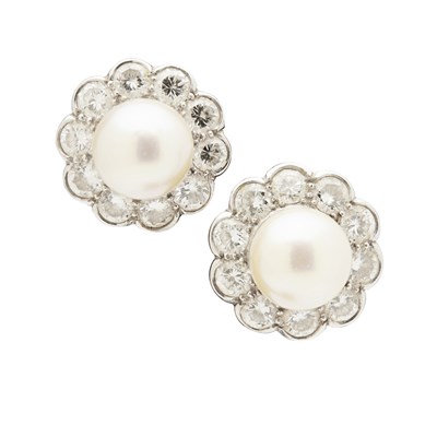 Lot 3 - A pair of pearl and diamond set cluster earrings, possibly Cartier