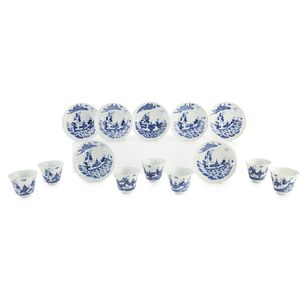 Lot 110 - SET OF SEVEN BLUE AND WHITE CUPS AND SAUCERS