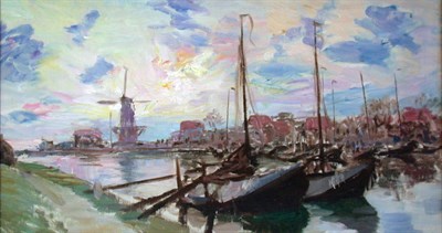 Lot 47 - JAMES MCBEY (1883-1959) DUTCH CANAL SCENE WITH...