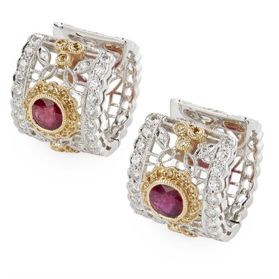 Lot 72 - A pair of ruby and diamond set earrings
