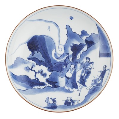Lot 147 - BLUE AND WHITE 'MASTER OF THE ROCKS' 'EIGHT IMMORTALS' DISH