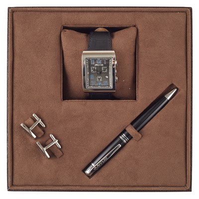 Lot 245 - A cased set of gentleman's stainless steel chronograph, cufflinks and pen, Van Der Bauwede