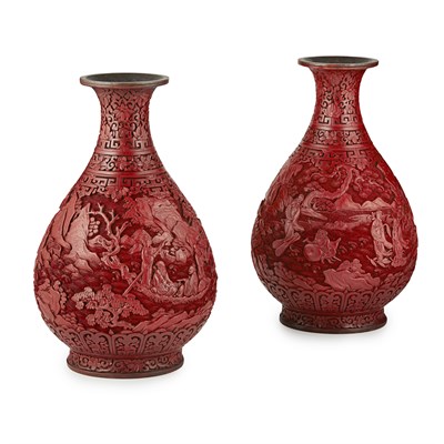 Lot 2 - PAIR OF CINNABAR LACQUER 'EIGHT IMMORTALS' VASES
