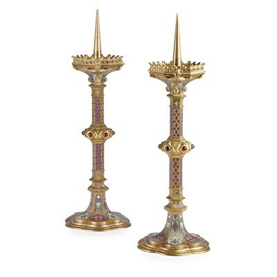 Lot 23 - PAIR OF FRENCH GOTHIC REVIVAL GILT BRASS AND...