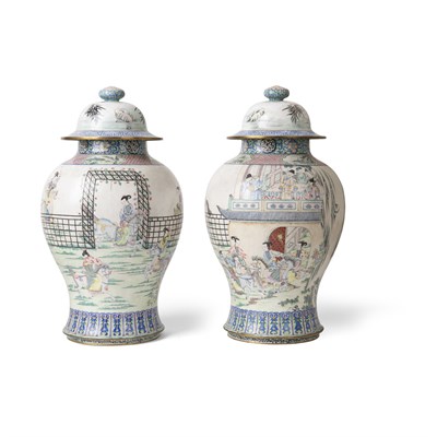 Lot 73 - PAIR OF LARGE CANTON ENAMEL 'GENERALS OF THE YANG FAMILY' BALUSTER VASES AND COVERS