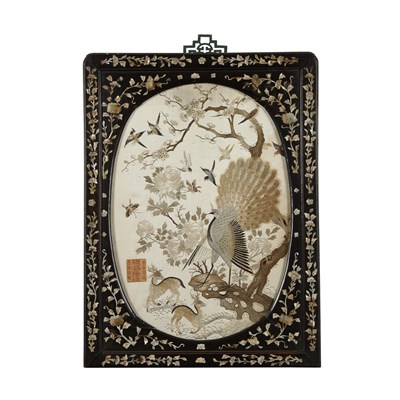 Lot 21 - EMBROIDERED SILK 'BIRDS AND DEER' HANGING PANEL