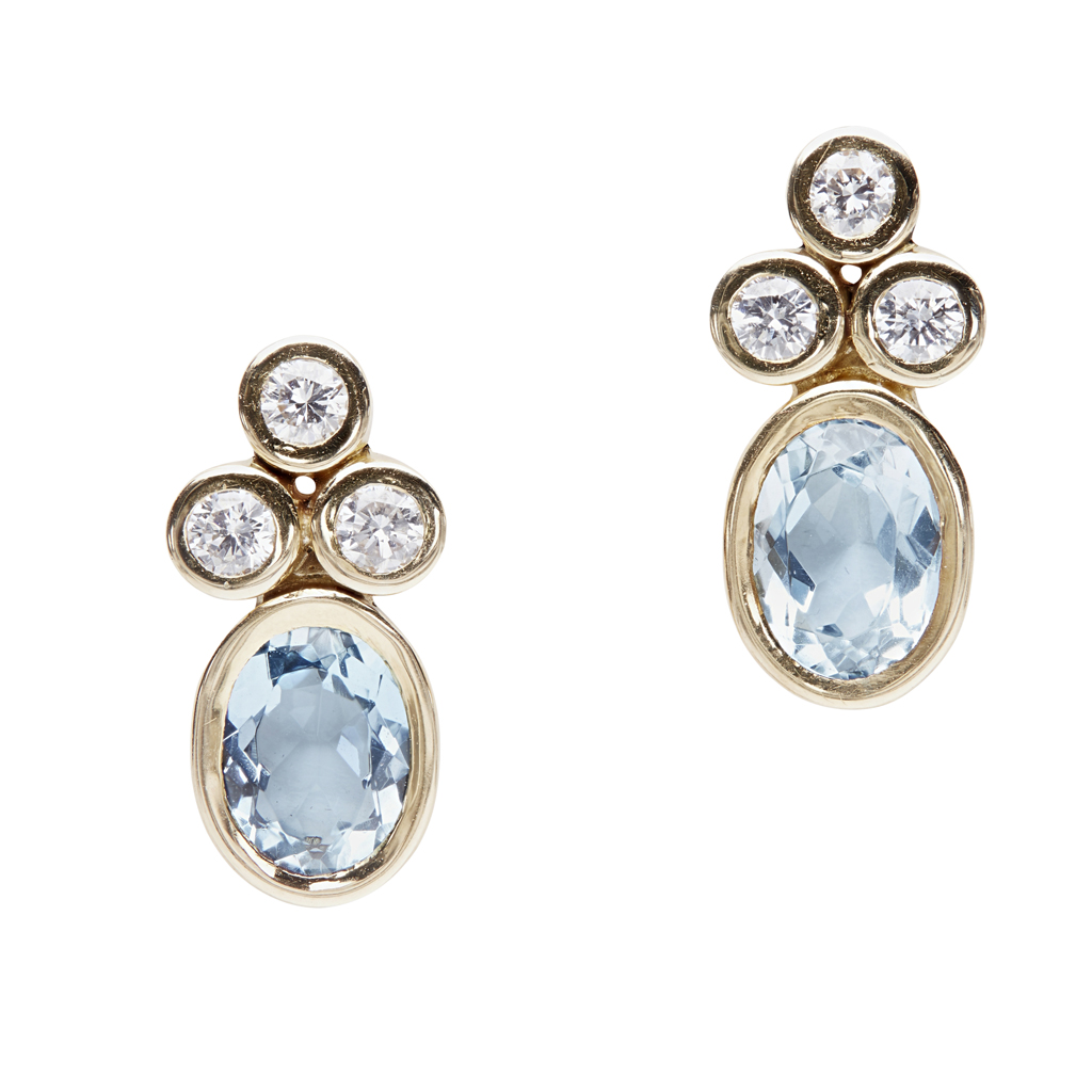Lot 27 - A pair of diamond and aquamarine earrings