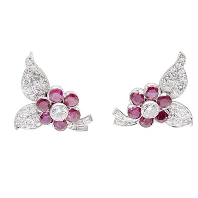 Lot 179 - A pair of ruby and diamond set earrings