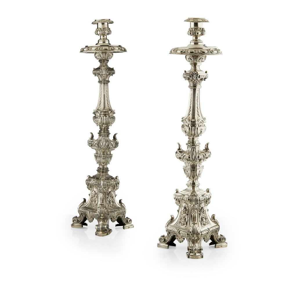 Lot 388 - A pair of 18th century Portuguese altar candlesticks
