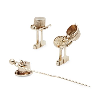 Lot 234 - A 9ct gold 'top hat' tie pin and matching cufflinks