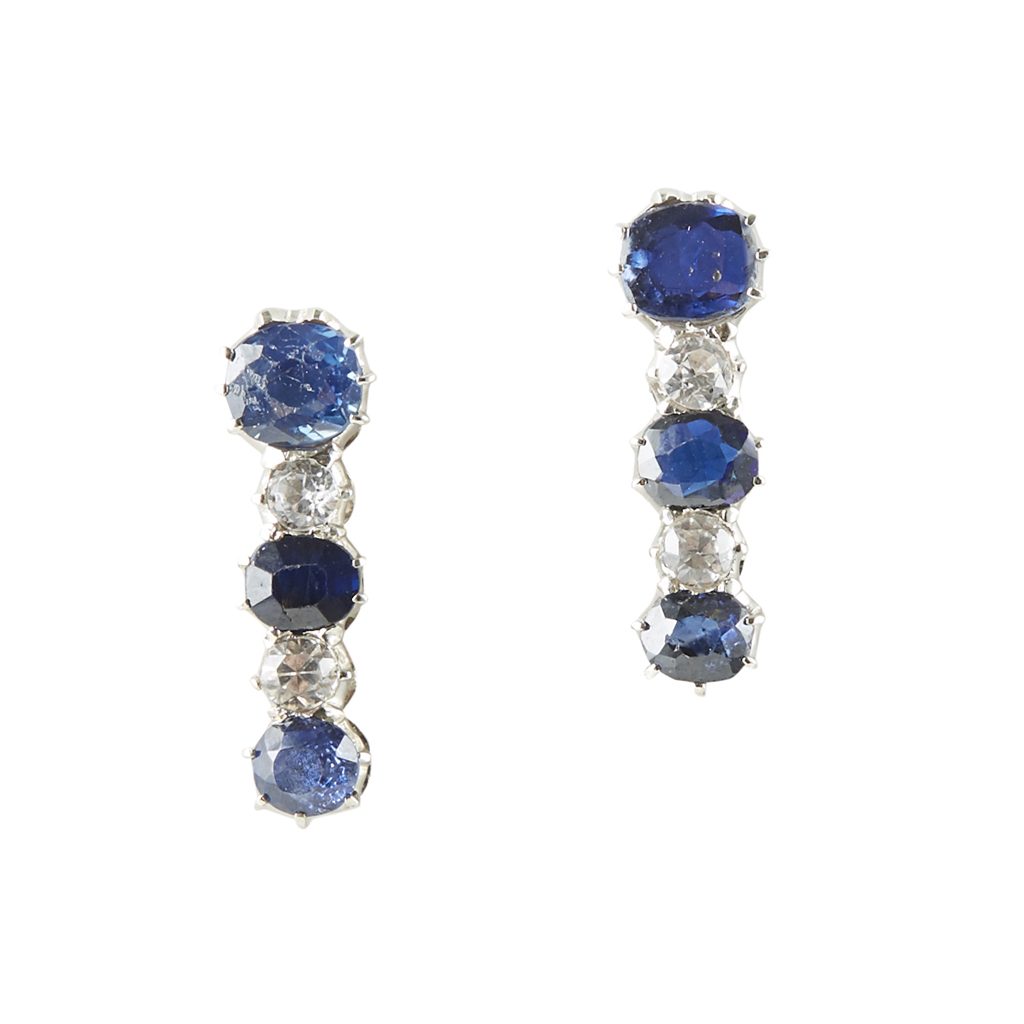 Lot 73 - A pair of sapphire set pendant earrings