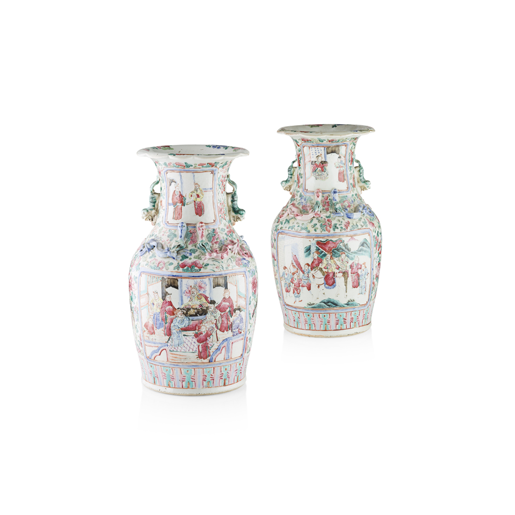Lot 127 - PAIR OF CANTON FAMILLE ROSE VASES