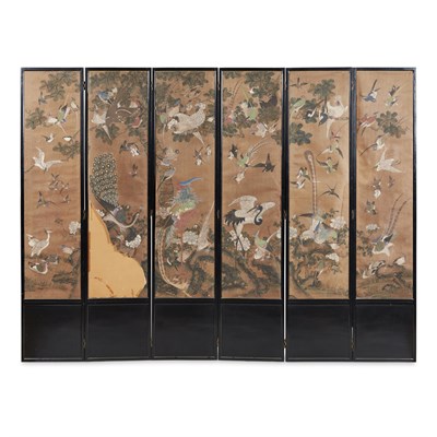 Lot 3 - SIX-PANEL PAINTED 'BIRDS AND FLOWERS' SCREEN