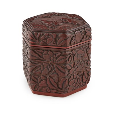 Lot 15 - SMALL CARVED CINNABAR LACQUER HEXAGONAL BOX