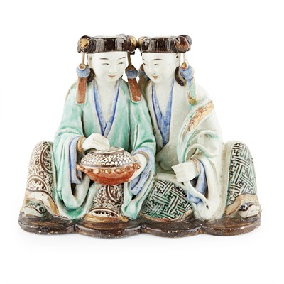 Lot 161 - SHIWAN POTTERY FIGURAL GROUP OF THE HEHE TWINS