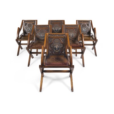 Lot 164 - SET OF EIGHT EARLY VICTORIAN OAK AND POLYCHROME HERALDIC 'GLASTONBURY' CHAIRS, BEARING THE LOVELACE COAT-OF-ARMS