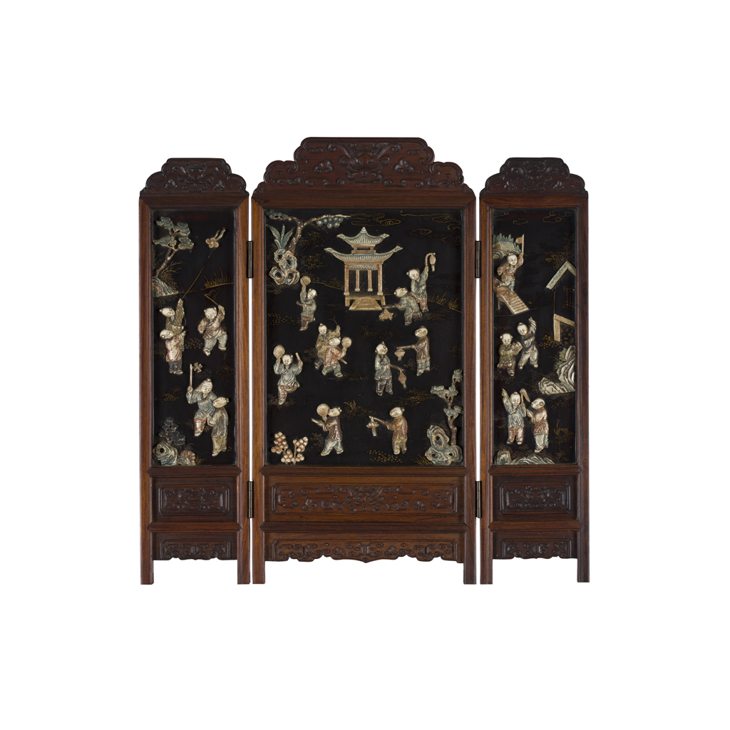 Lot 18 - IVORY-INLAID THREE-FOLD WOODEN TABLE SCREEN