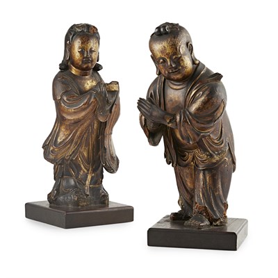 Lot 12 - LACQUERED WOODEN FIGURES OF SHANCAI AND LONGNÜ