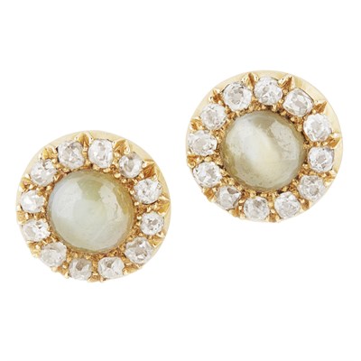 Lot 116 - A pair of cat's-eye chrysoberyl and diamond cluster earrings