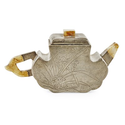Lot 156 - PEWTER-ENCASED YIXING STONEWARE TEAPOT AND COVER