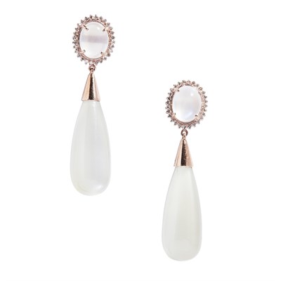 Lot 87 - A pair of moonstone and diamond set ear pendants