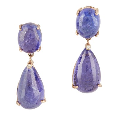Lot 169 - A pair of Tanzanite and diamond pendant earrings