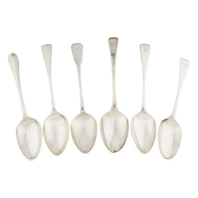 Lot 401 - A SET OF FIVE HANOVERIAN PATTERN TABLESPOONS