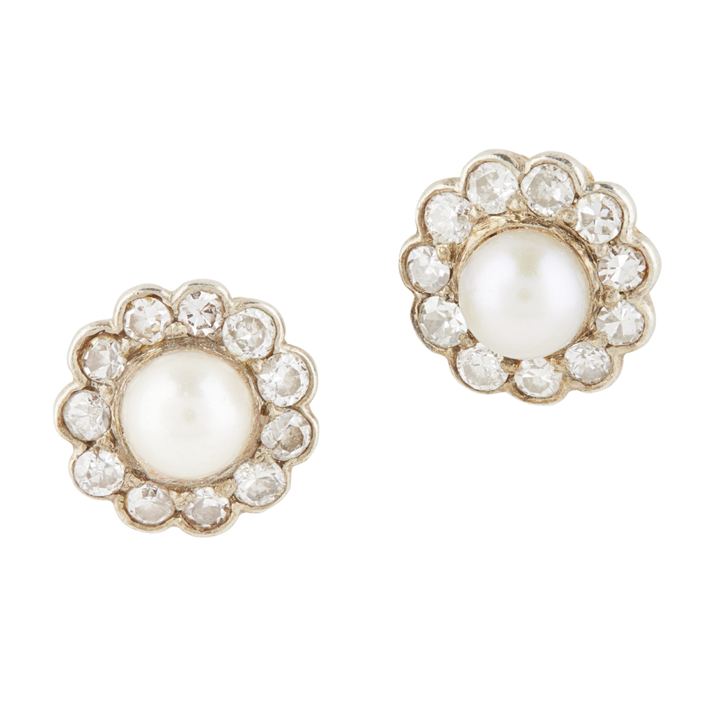 Lot 58 - A pair of pearl and diamond set cluster earrings