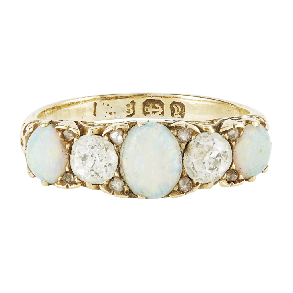 Lot 82 - A five stone opal and diamond set ring