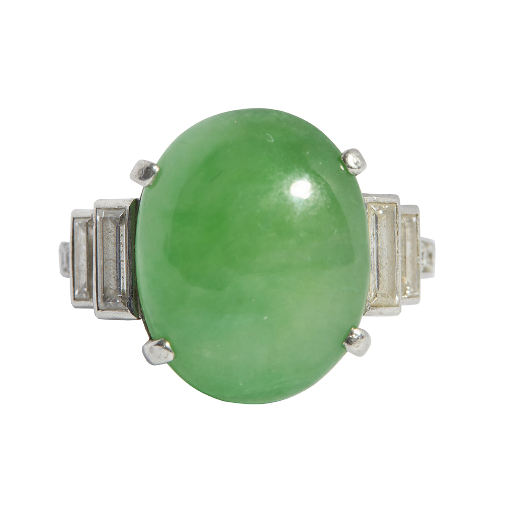 Lot 65 - An Art Deco jadeite and diamond set ring