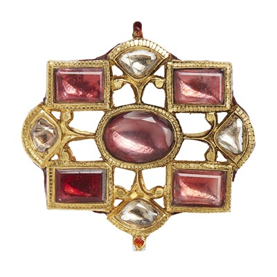 Lot 22 - An Indian tourmaline and diamond set and enamelled pendant