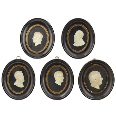 Lot 92 - FIVE TASSIE STYLE CAMEO IVORY PORTRAITS