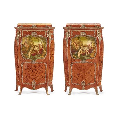 Lot 518 - PAIR OF KINGWOOD, MARQUETRY, AND VERNIS MARTIN GILT METAL MOUNTED MARBLE TOPPED BOMBÉ CABINETS