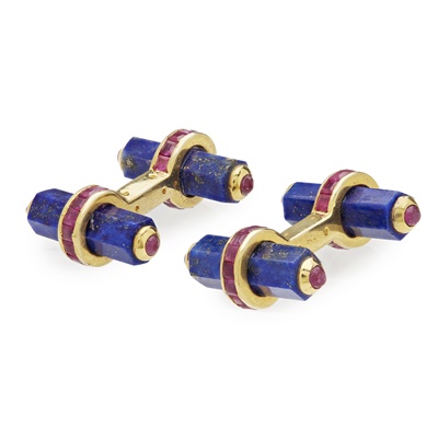 Lot 27 - A pair of ruby and lapis lazuli set cufflinks