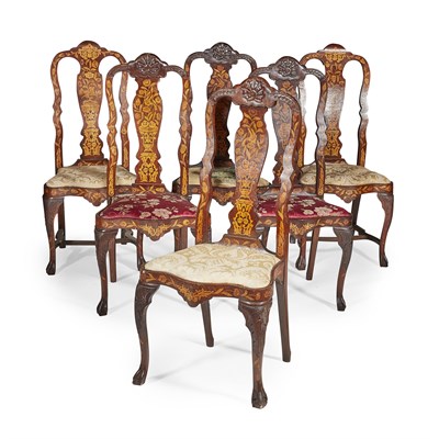 Lot 11 - ASSEMBLED SET OF SIX DUTCH WALNUT AND MARQUETRY SIDE CHAIRS