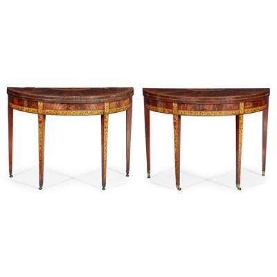 Lot 30 - PAIR OF GEORGE III MAHOGANY, SATINWOOD AND PENWORK DEMILUNE GAMES TABLES, POSSIBLY IRISH