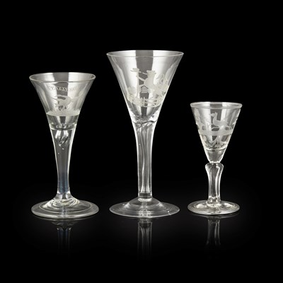 Lot 140 - THREE GEORGIAN ENGRAVED WINE GLASSES