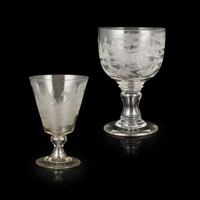 Lot 145 - TWO LARGE ENGRAVED HUNTING GLASS GOBLETS