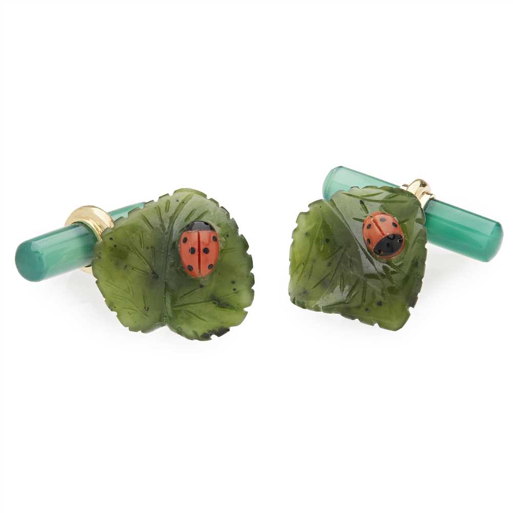 Lot 157 - A pair of jade and coral set cufflinks