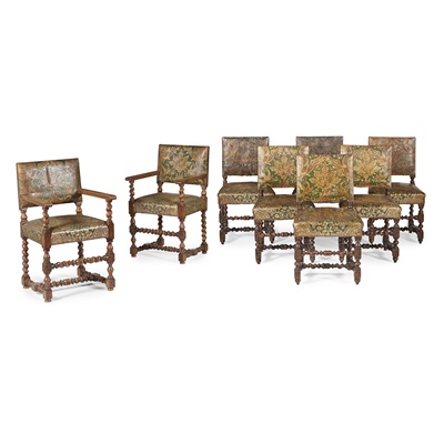 Lot 10 - SET OF EIGHT CAROLEAN STYLE OAK AND POLYCHROME LEATHER DINING CHAIRS