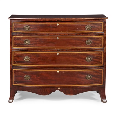 Lot 130 - LATE GEORGE III MAHOGANY AND SATINWOOD BOWFRONT CHEST OF DRAWERS