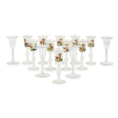 Lot 106 - GROUP OF FOUR COLOURED AIRTWIST WINE GLASSES