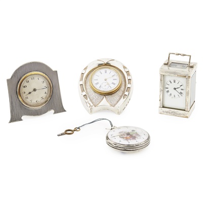 Lot 445 - A group of three silver cased dressing table clocks and a pocket watch